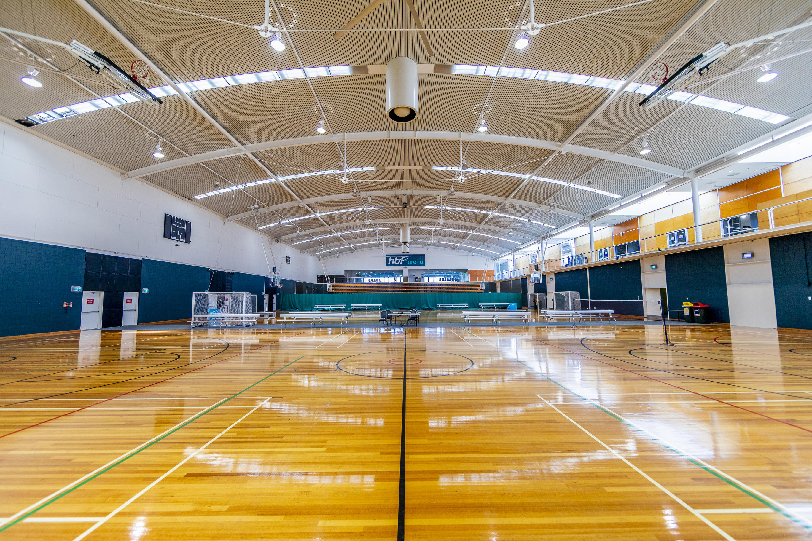 A photo showing the multiple indoor basketball courts located back to back at Arena Joondalup